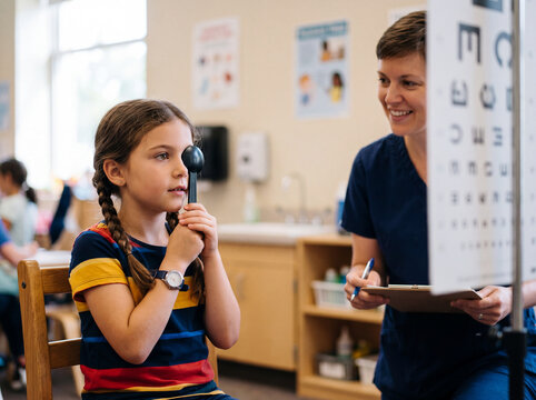 A school age child is focused on reading an eye chart during a vision screening event. A health worker stands nearby with a clipboard, observing the process and noting details as needed