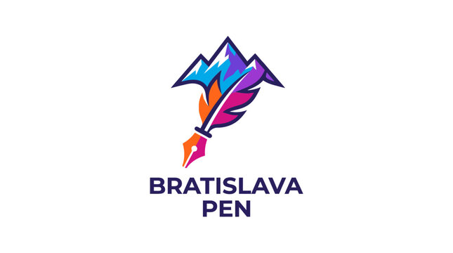 Creative Bratislava Pen Logo Design with Mountain and Quill Icon