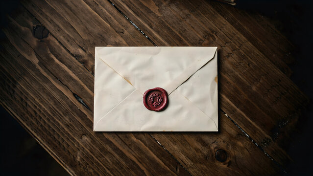 Vintage envelope with a red wax seal on a rustic wooden table