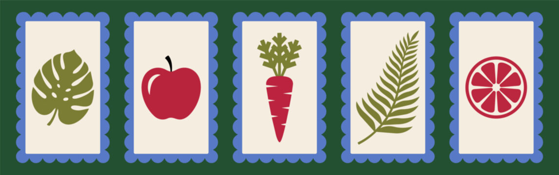 Set of five decorative postage stamp icons featuring minimalist botanical and fruit illustrations arranged horizontally against a dark green background