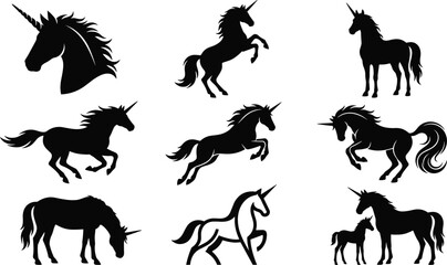 Obraz premium Black Unicorn Silhouette Vector Icon Set Featuring Rearing, Running, Jumping, and Foal Poses for Fantasy Mythological Mascot Logos and Tattoo Designs