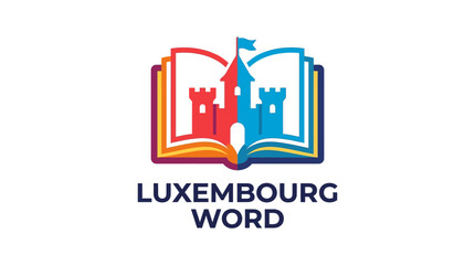 Fototapeta premium Luxembourg Word Logo Design Featuring Open Book and Castle Icon