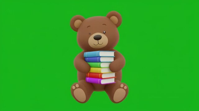 Cute teddy bear holding colorful books in a repetitive pattern on green screen background