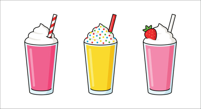 Three milkshakes with toppings colorful vector illustration on white background