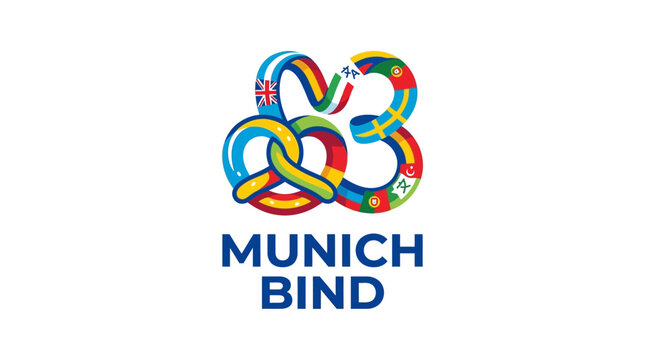 Munich Bind Logo Design with Colorful Ribbon Style and International Flags