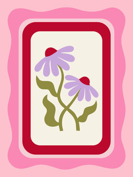 Minimalist floral illustration featuring two purple flowers inside a decorative pink and red wavy frame for a charming and artistic home decor design
