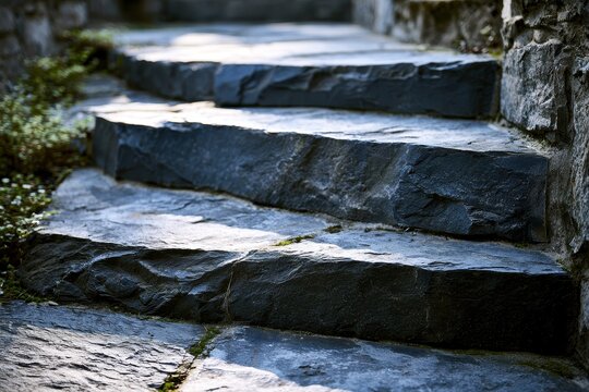Weathered bluestone stairs in a quiet outdoor setting, mossed crevices and soft natural light