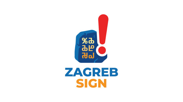 Zagreb Sign Logo with Abstract Stone Tablet and Exclamation Point