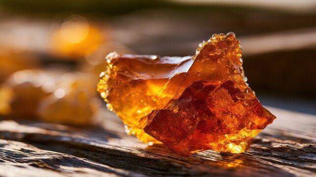 Natural copal resin beads with honey color on textured wooden background