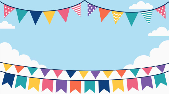 Vibrant decorative bunting and pennant banner garland with polka dot and striped flags stretching across a soft blue sky with fluffy white clouds, festive party border frame for celebrations and