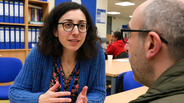 Employment advisor and job seeker in institutional job center office discussing career options, skills evaluation and job search strategies, with binders, desks and colleagues in the background