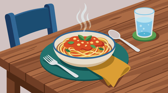 Steaming spaghetti pasta bowl with rich tomato sauce, fresh basil and cheese on rustic wooden dining table, cozy Italian meal vector illustration with fork, spoon, napkin and water glass