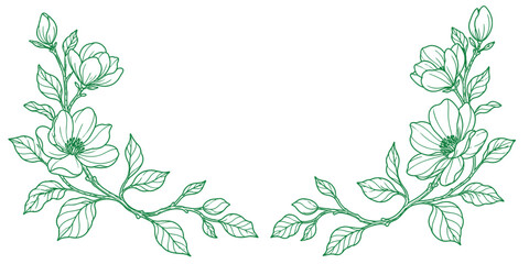 Stylized vector illustration of a green magnolia flower frame border with leaves and buds in a minimalist line art style on a white background © GraphicGalaxy