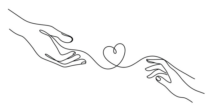 Continuous line art illustration of two hands reaching towards each other connected by a single line forming a heart shape in a minimalist black and white style