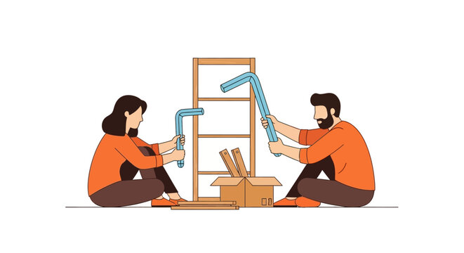 Young Couple Assembling Flat Pack Wooden Furniture Together, DIY Home Improvement and Teamwork Illustration Vector