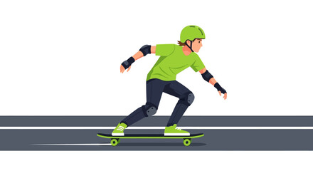 Fototapeta premium Flat Vector Illustration of a Young Man Riding a Longboard Wearing a Safety Helmet and Protective Gear on the Road