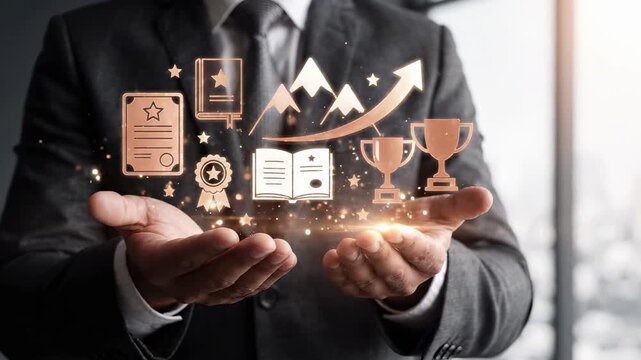 Business success and career growth with education and knowledge development. Achievement of professional goals through learning, skill training and leadership. Award, trophy and certificate