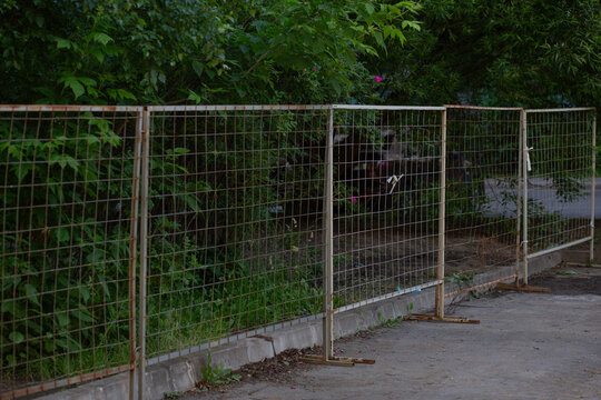 Metal construction fence along a green outdoor path, restricted access, urban safety barrier, temporary enclosure, infrastructure protection.