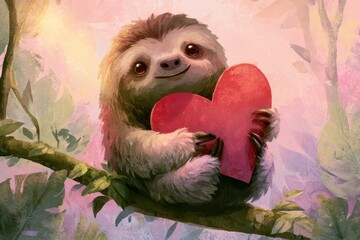 Fototapeta premium Whimsical sloth holding a love heart in a forest scene