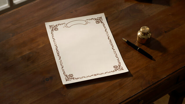 Vintage blank paper with ornate floral border on a wooden desk with a fountain pen and inkwell