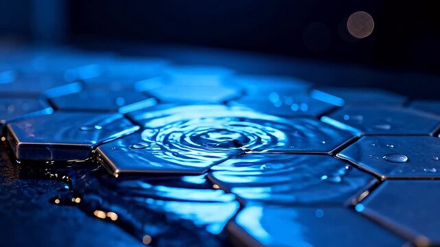 Blue hexagonal tiles with water droplets