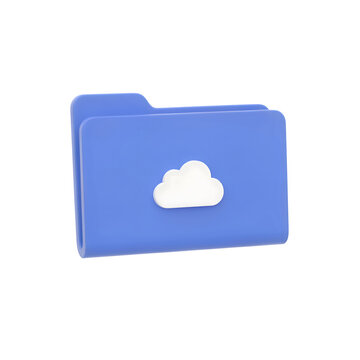 A blue digital folder with a white cloud symbol, rendered in a3d style, isolated on a white background, for cloud computing concepts