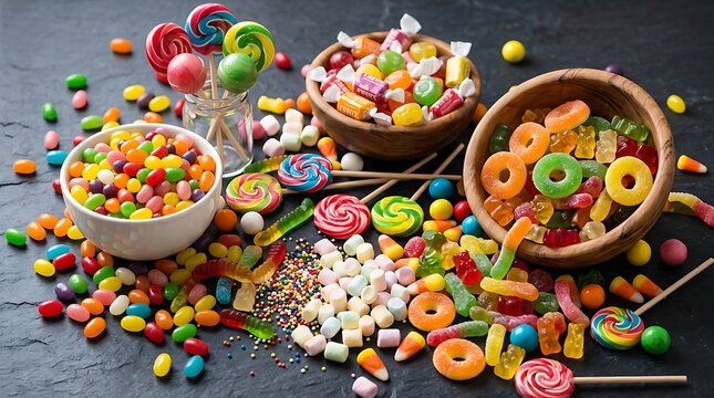 Colorful assortment of candies and sweets on a dark surface