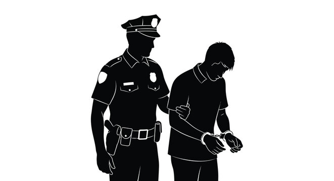 Police officer escorting arrested person in handcuffs a stark black silhouette arrest handcuffs prisoner detainee custody law enforcement security justice