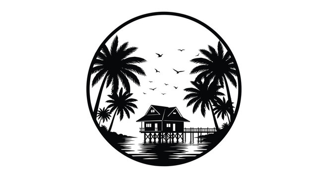 Tropical beach scene with palm trees and house contained within a circular silhouette house hut water ocean coast shoreline birds