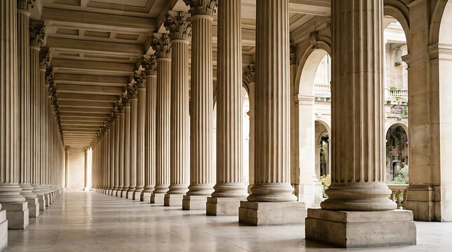 Long corridor of classical corinthian columns in historic european architecture
