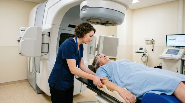 Oncology Specialist Positioning Patient for Radiation Therapy Under Linear Accelerator