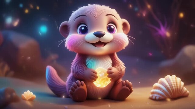 Adorable cartoon otter holding a glowing orb with seashells and stardust in a whimsical fantasy environment