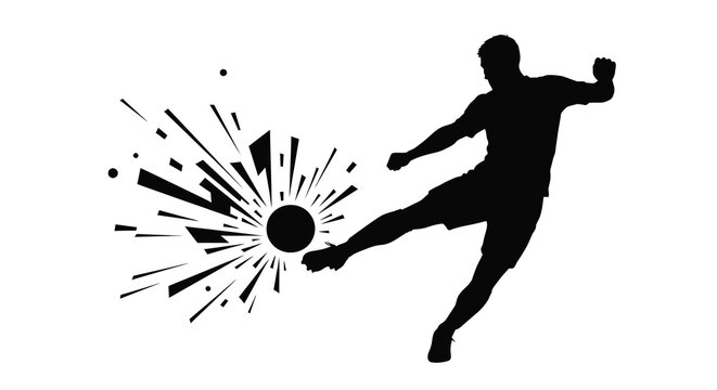 A soccer player kicking a ball with dynamic burst effect black and white silhouette athlete sportsman football foot sphere impact