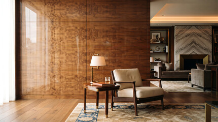 Obraz premium Luxury interior design with polished wood wall panels, elegant mid-century modern armchair in a sophisticated living room, high-end residential lounge