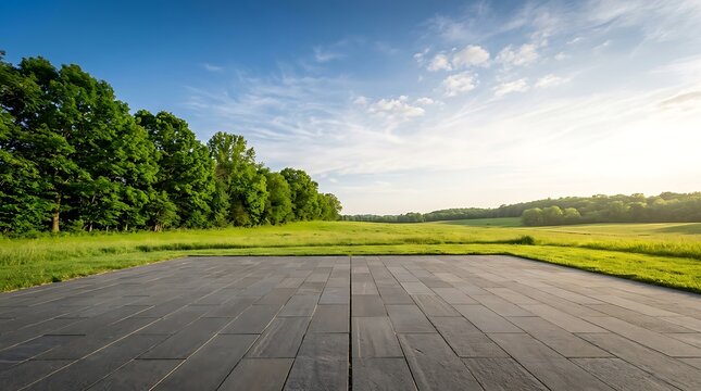 Serene landscape with wooden platform and lush green field
