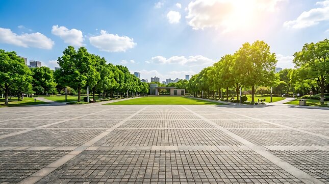 Vast public square with lush greenery and distant city skyline on a sunny day