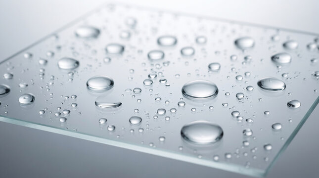 Macro view of glistening water droplets on a pristine clear glass surface, illustrating purity, freshness, and the intriguing physics of liquid adhesion