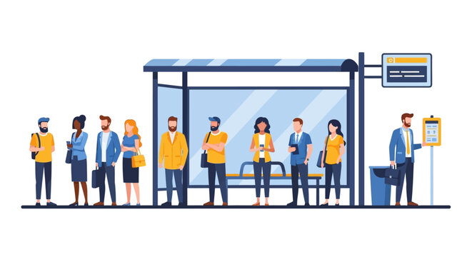 Diverse People Waiting at Modern Bus Stop Illustration. Flat Vector Design of Commuters in Line for Public Transport and Urban City Mobility.