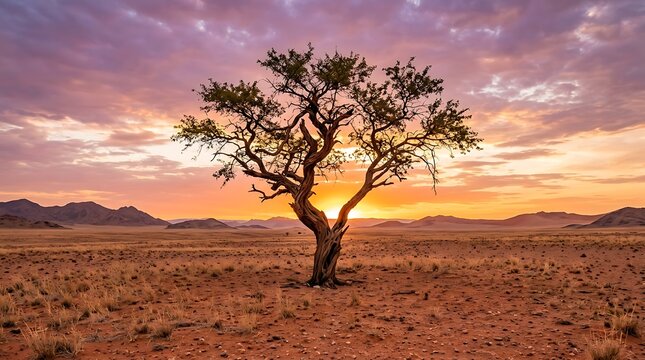 Desert landscape at sunset with lone tree