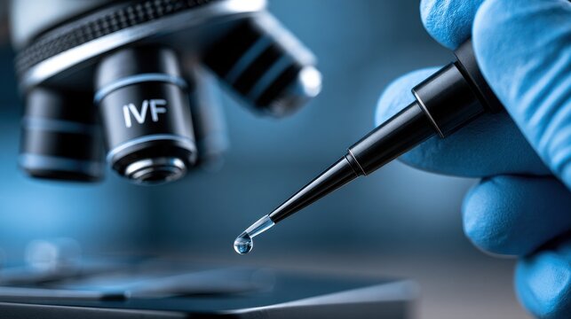 A scientist holding a pipette with a liquid drop near a microscope labeled IVF. This represents reproductive technology, fertility treatments, and modern medical science.