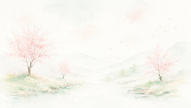 Sakura trees frame a soft river landscape with pastel mountains, petals, and airy watercolor texture.