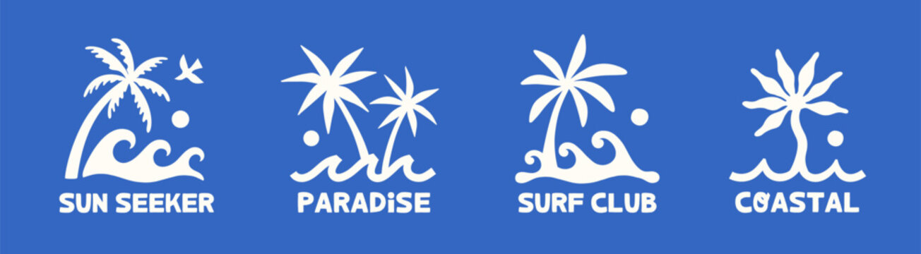 Surf summer emblems with palm trees,ocean waves,sun elements.Minimal coastal badges in blue and white.Bold tropical prints for resort branding,apparel design,stickers,t-shirts logo,travel posters