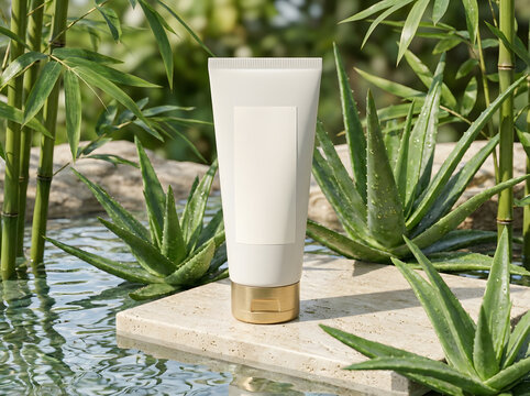 Premium skin cream tube on stone base surrounded by green aloe plants and bamboo stalks.
