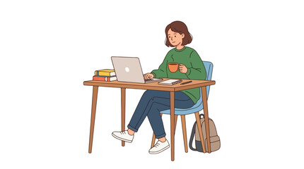 Fototapeta premium Woman studying with laptop and books at desk