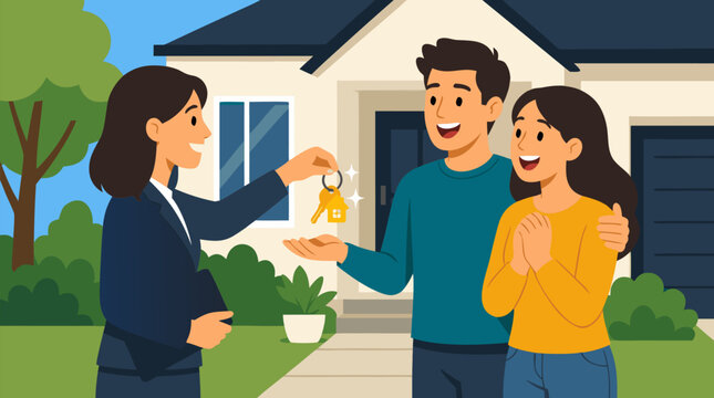Smiling realtor handing shiny house keys to a delighted young couple outside their new home, bright vector illustration for real estate closing, mortgage, relocation and ownership dreams
