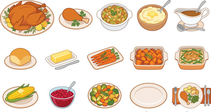 Detailed vector graphic illustration featuring a collection of traditional thanksgiving dinner food items arranged on a clean white background surface