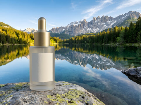 Serum dropper bottle resting on mossy rock by alpine lake landscape of North America.
