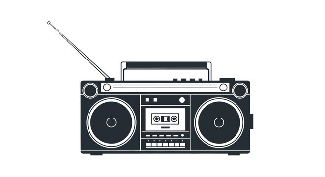 Vintage boombox radio with extended antenna a black silhouette against a white background silhouette transistor portable antenna speaker frequency sound