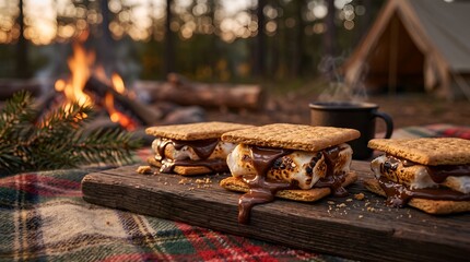 Fototapeta premium S mores On Wooden Board Outdoor Campfire Scene Photography