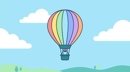 Fototapeta premium Colorful rainbow pastel hot air balloon drifting peacefully in clear blue sky above green hills and white clouds serene dreamy centered vector illustration
